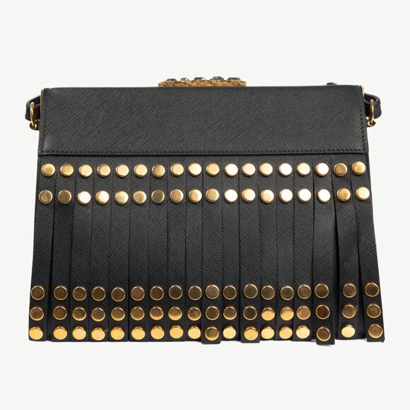 Prada Nero Saffiano Leather Studded Fringe Frame Shoulder Bag - Picture 4 of 14